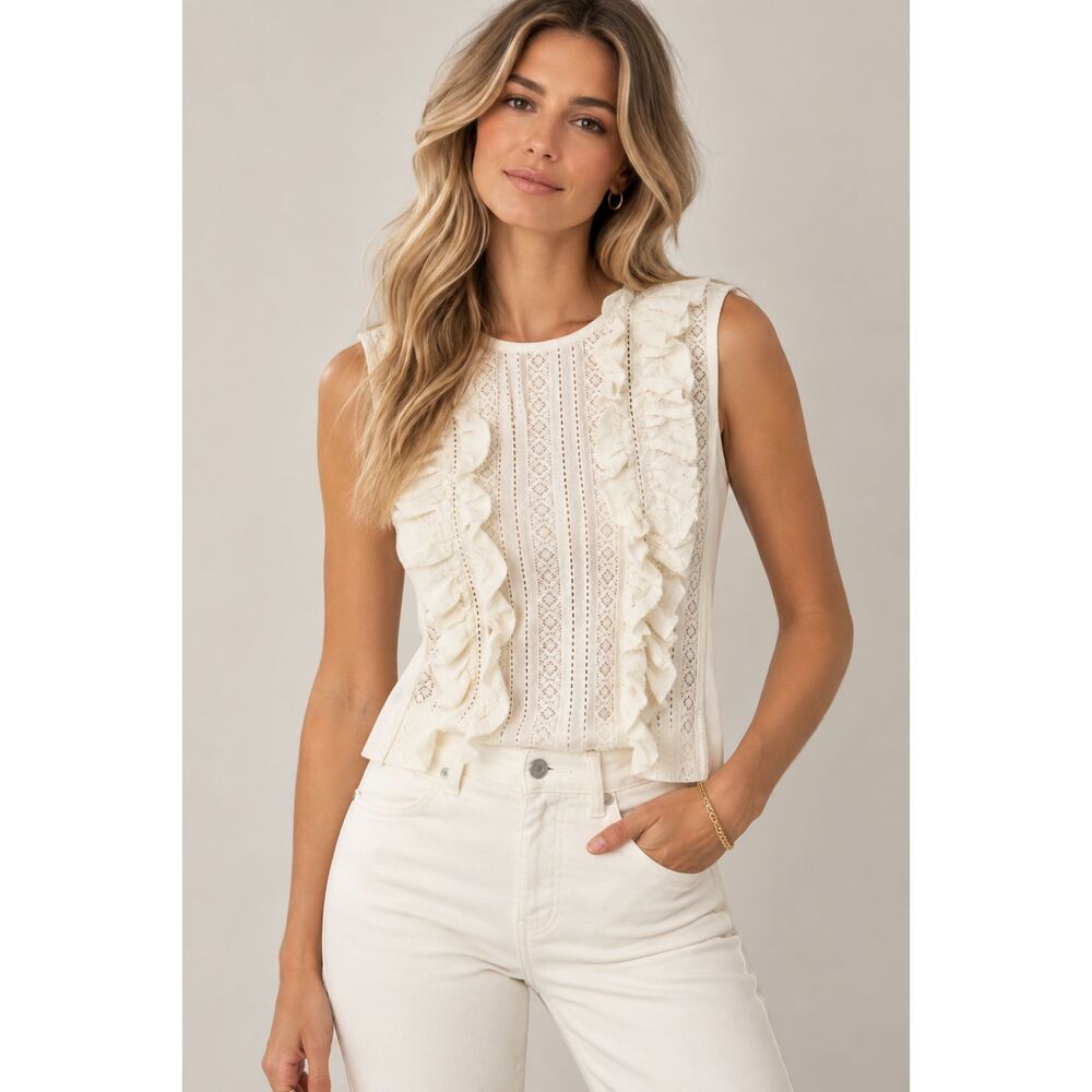 Maje Ivory Lace Ruffle Sleeveless Blouse Top Size 2 (Medium)